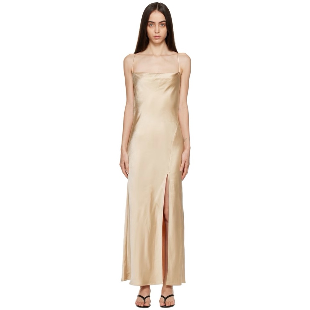 THIRD FORM GOLD SLIT SATIN SLIP MAXI DRESS GOWN NWT 4 US